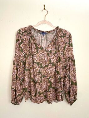 XL Peasant Style Blouse by Democracy Olive Green & Pink Floral V-Neck Peasant